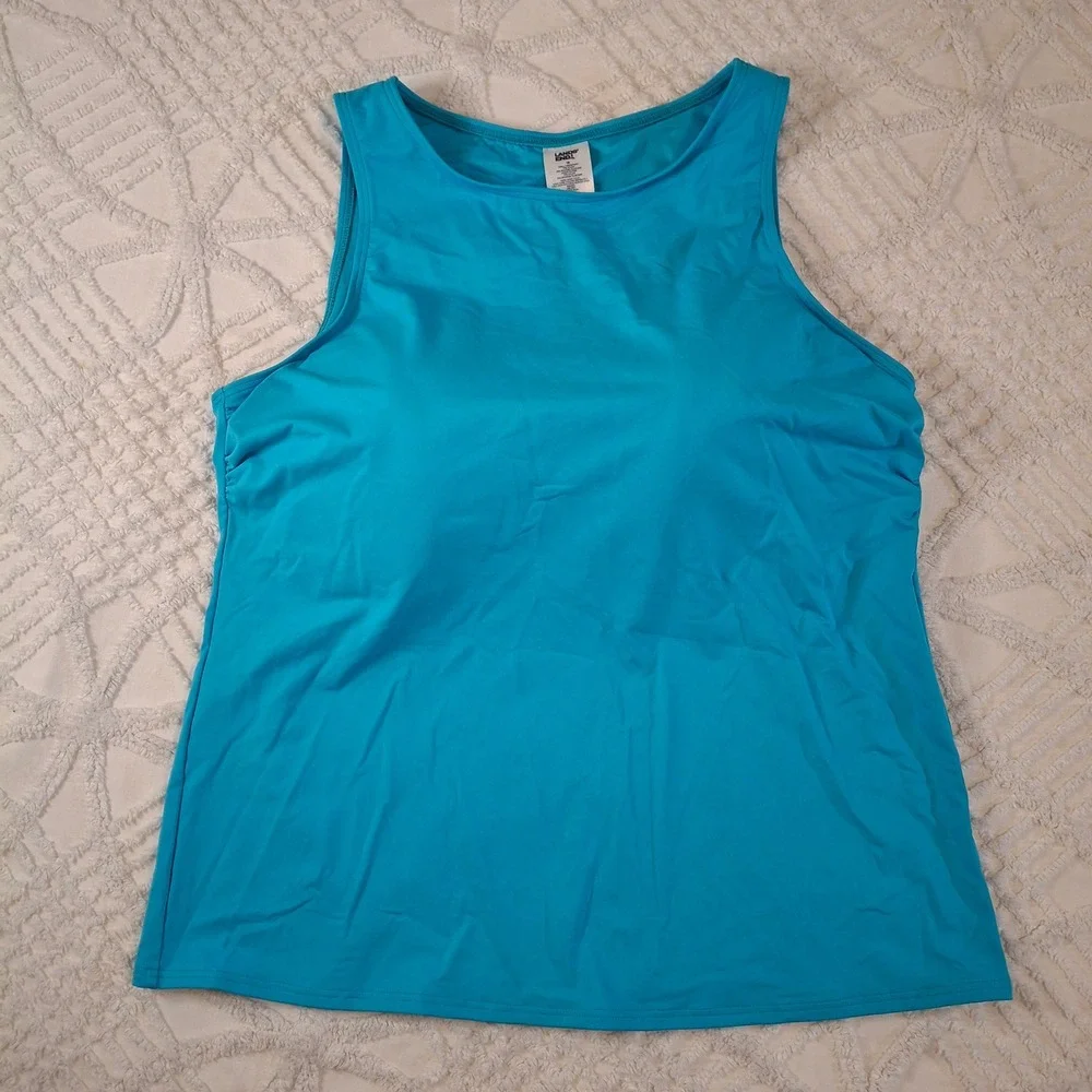 Lands' End Womens 18 Tankini Top Blue High Neck Shelf Bra Lycra Modest NWT